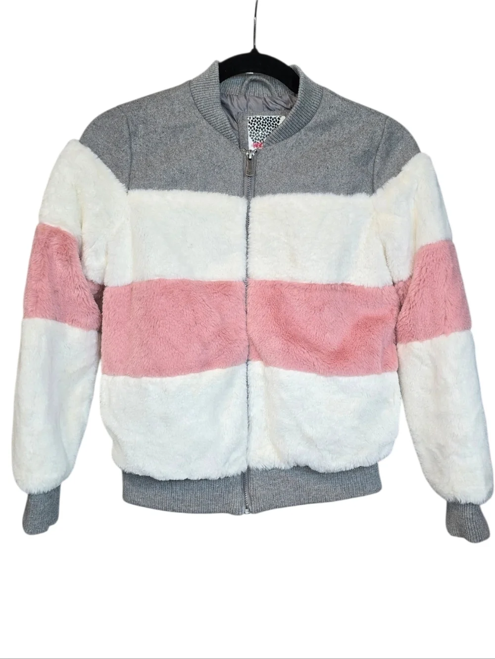 Kensie Girl Faux Fur Pink White Gray Stripe Bomber Jacket Size 10/12